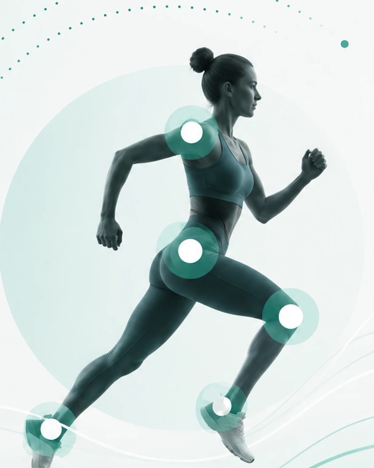 A runner mid-stride, with her shoulder, hip, knee and ankles highlighted as treatment points