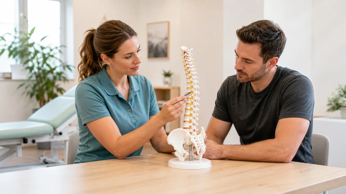 A clinician using a model of the spine to explain treatment to a patient