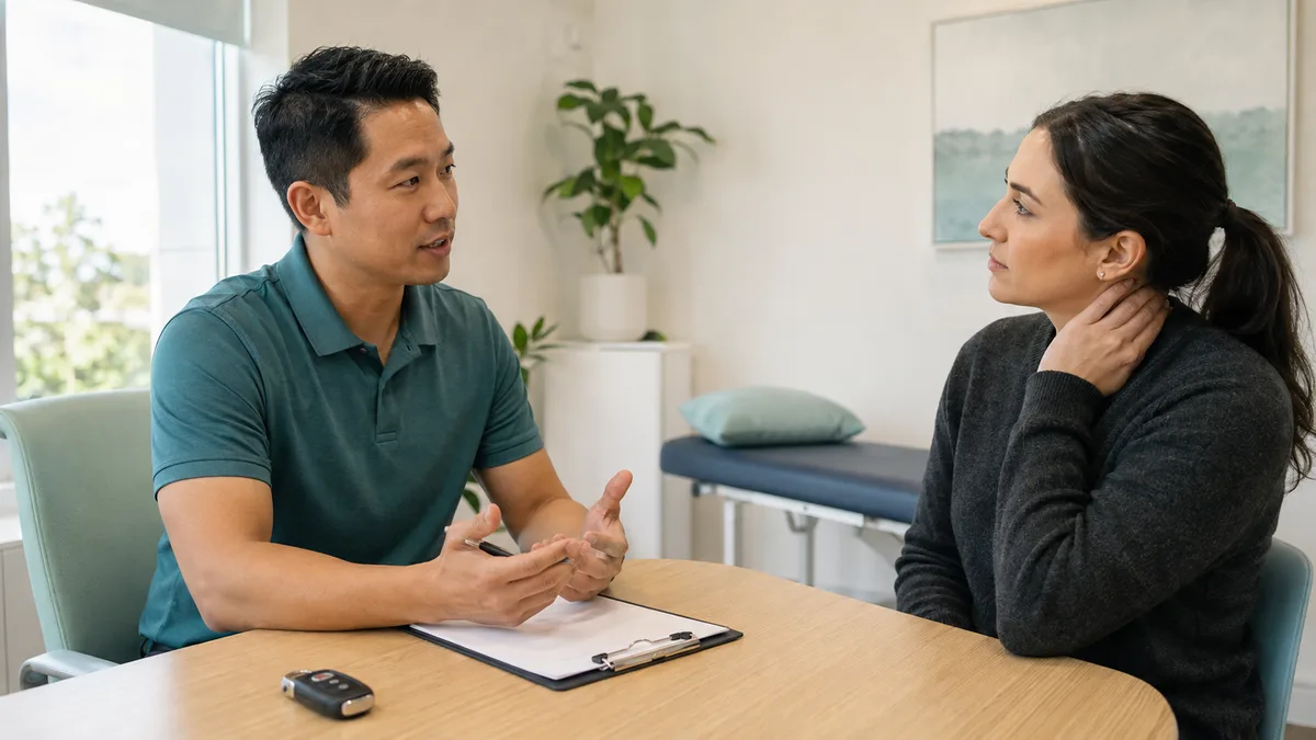 A clinician taking notes during an assessment with a patient after a car accident