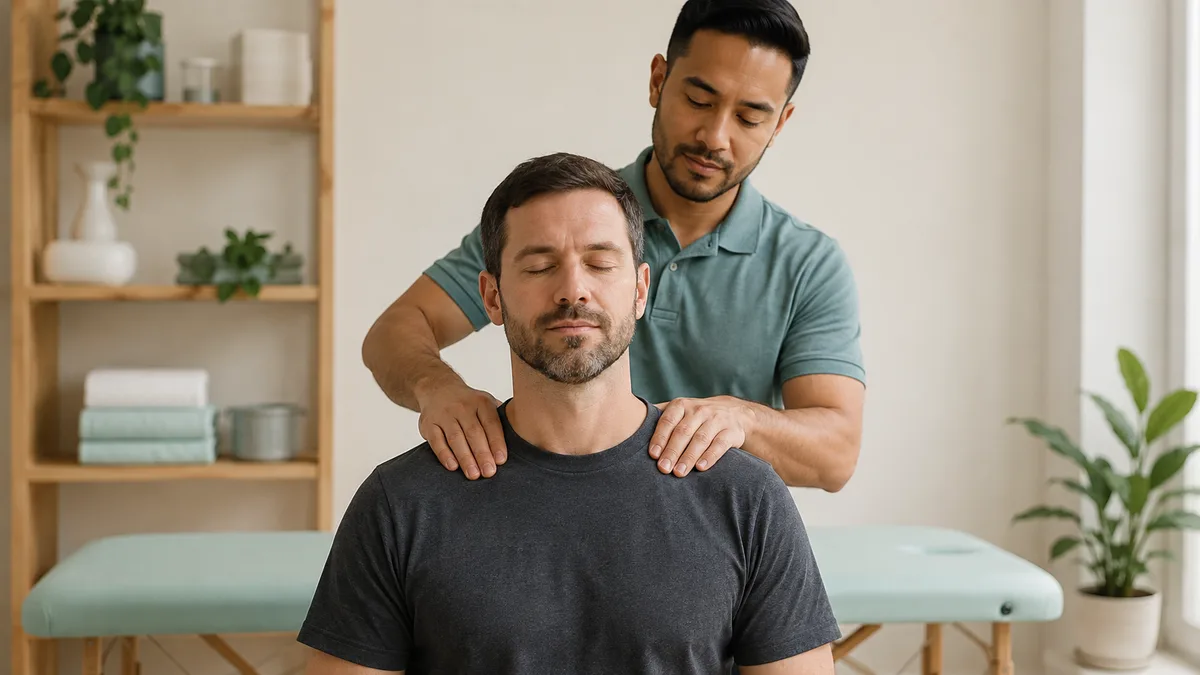 A massage therapist working on a seated patient's neck and shoulders