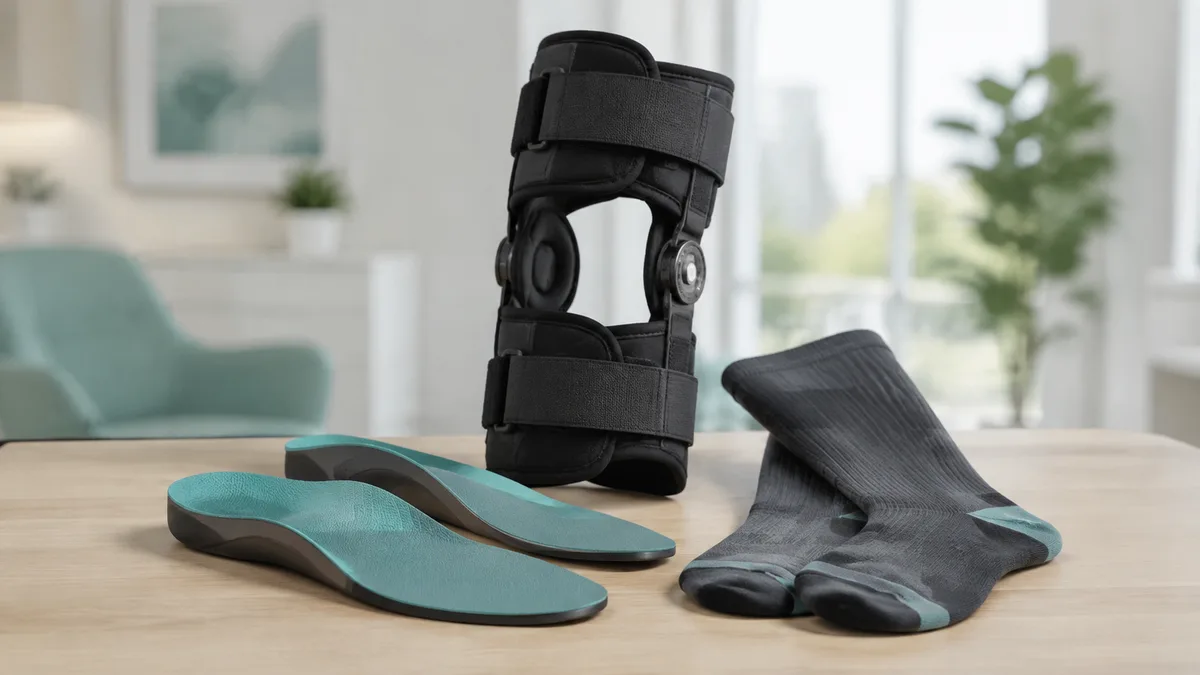 A knee brace, custom orthotic insoles and a compression sock