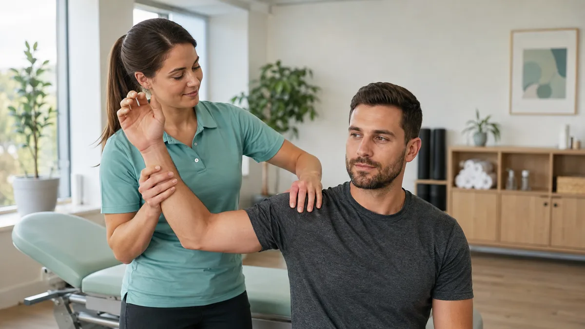 A physiotherapist guiding a patient through a shoulder mobility assessment