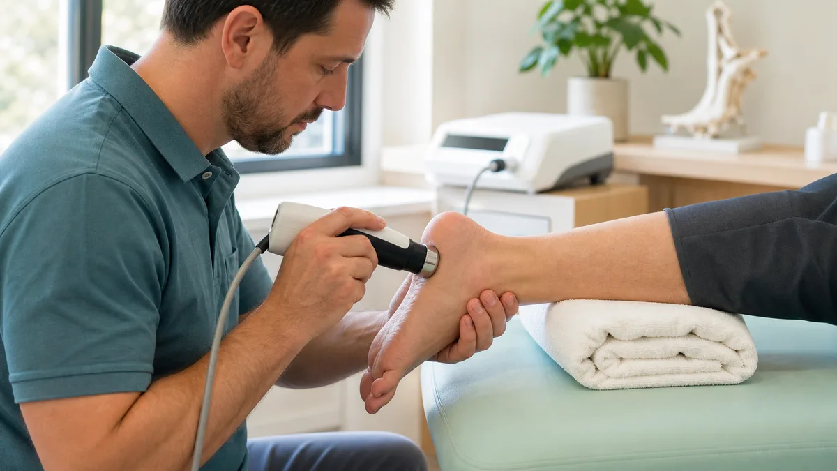 A clinician applying a shockwave therapy handpiece to a patient's heel